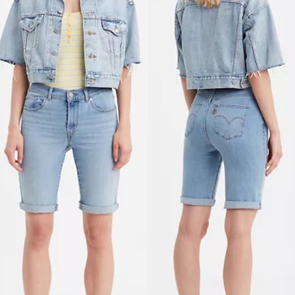 Levi's Women's Blue Light Wash Rolled Cuff Stretch Bermuda Jean Shorts Size 33 - Picture 1 of 9